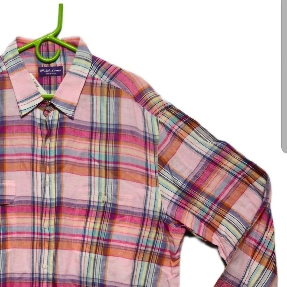 Ralph Lauren Purple Label Mens 2XL Pink Plaid Linen Long Sleeve Shirt Italy NEW